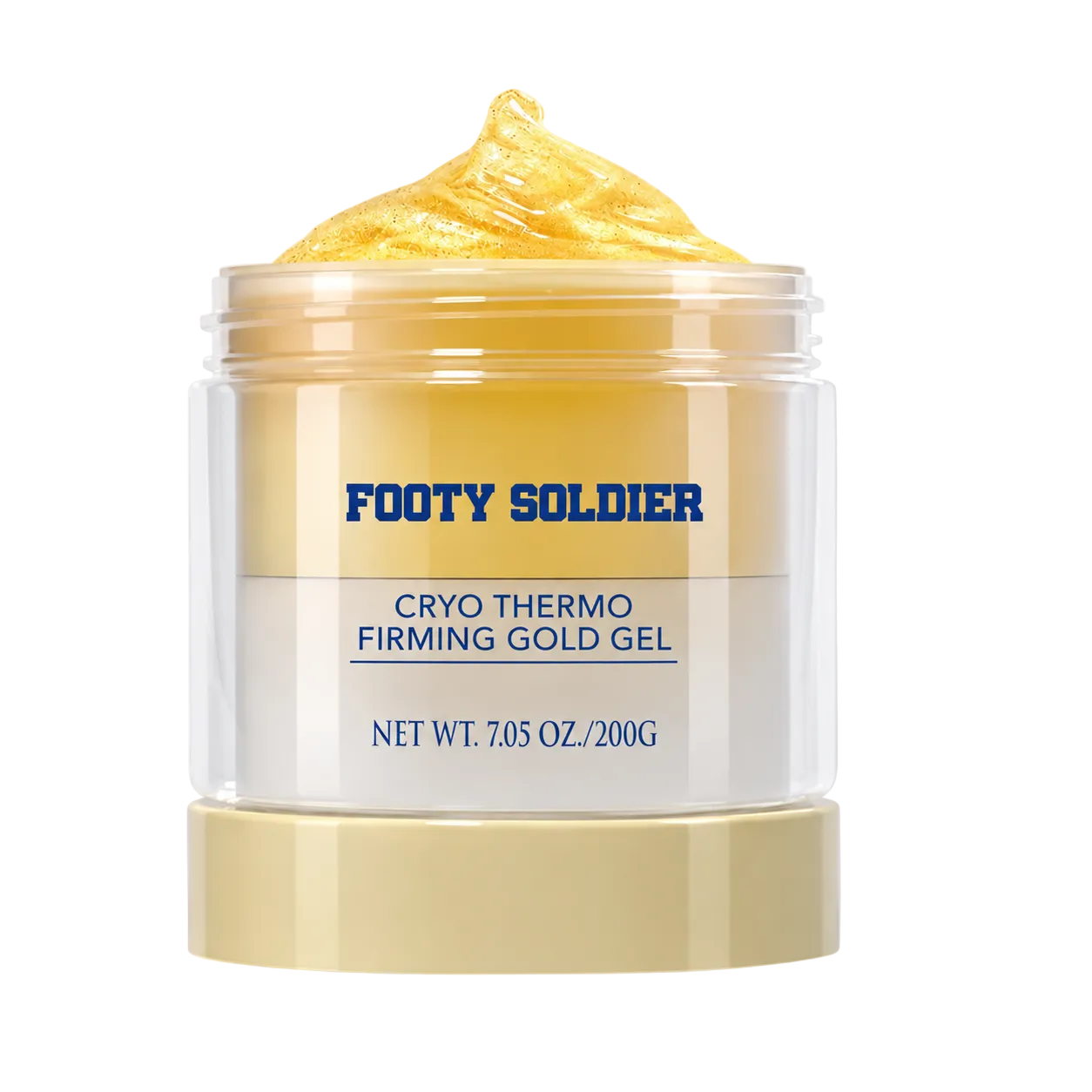 A jar of Footy Soldier Cryo Thermo Firming Gold Gel with a gold-colored gel visible at the top, set against a plain white background with three blue circular certification badges on the right.